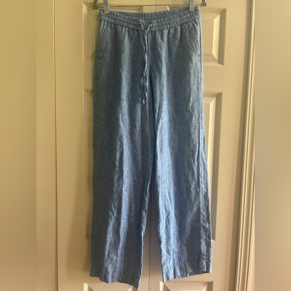 Talbots Pants Women’s Size 4 Blue Linen Wide Leg Pants Pull On Coastal Beach